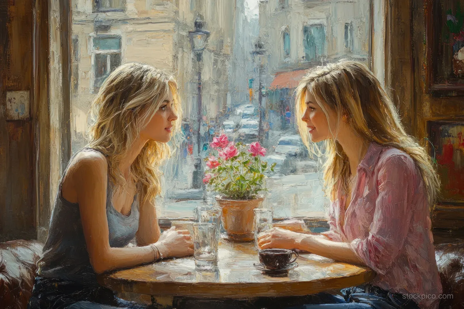 Mother and daughter sit on a sofa indoors, having a warm conversation at a small table with soft daylight.