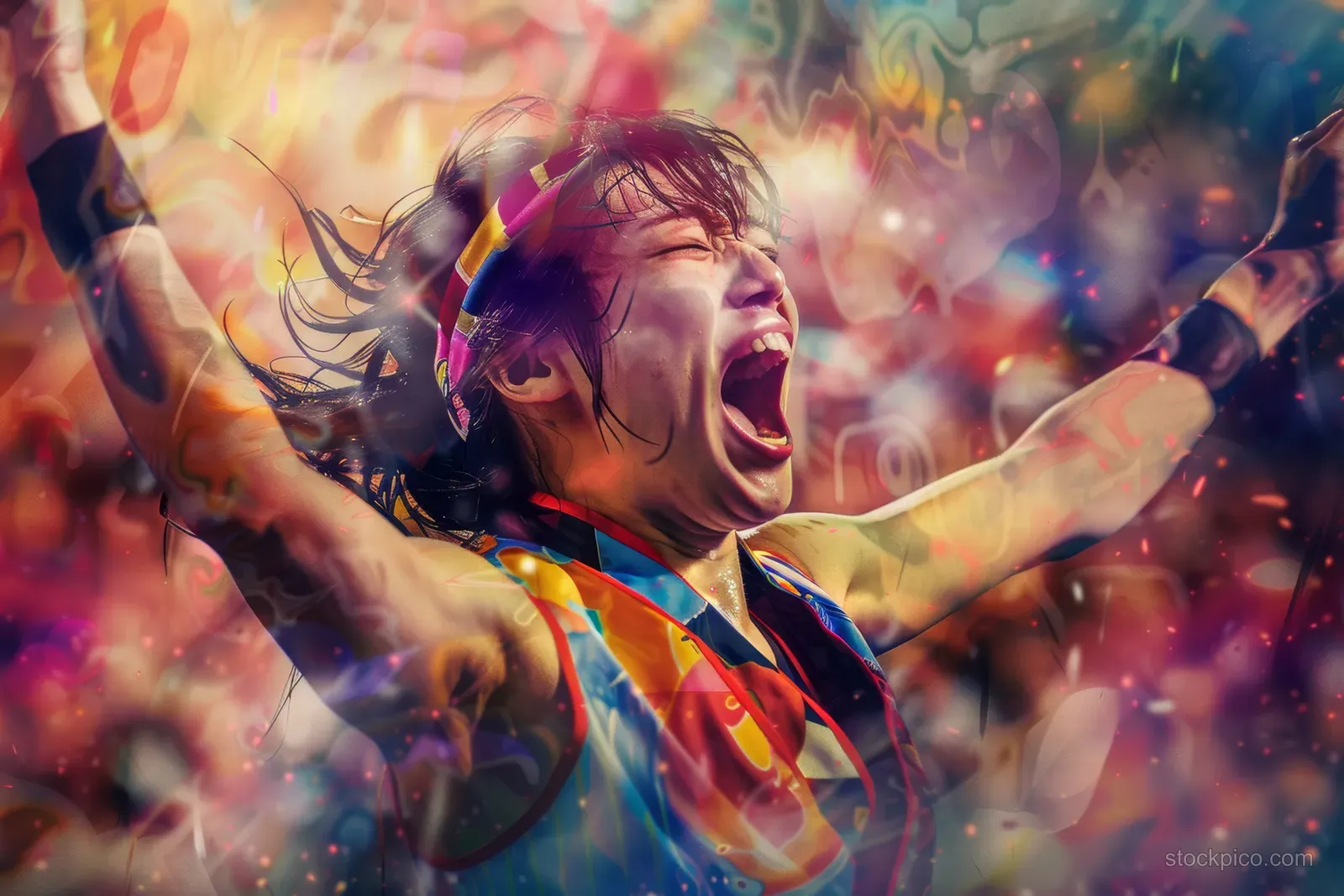 A Japanese female wrestler celebrates with arms raised while confetti and a cheering crowd fill the arena background.