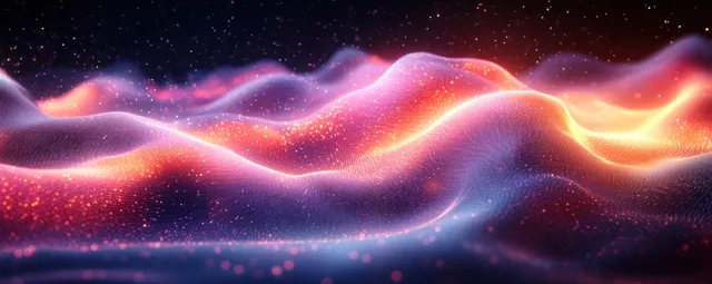 Neon wave pulses across a dark cyberspace background with glowing data particles and network glow