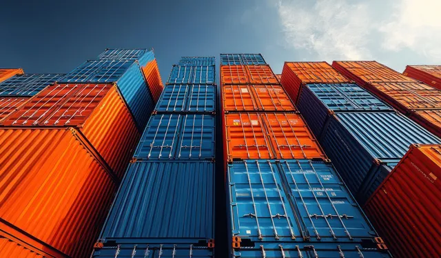 Tall stacks of blue and orange shipping containers fill an outdoor container yard beneath a bright sky.