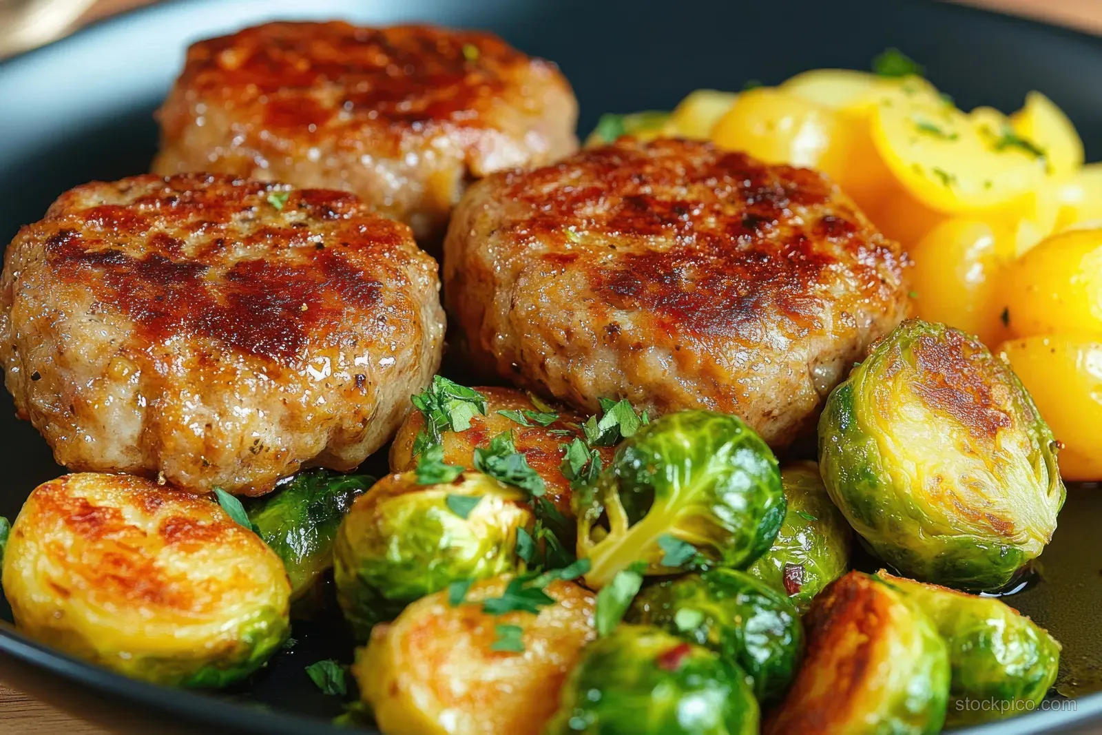 Crispy meat patties with golden boiled potatoes and Brussels sprouts on a plated meal with herb garnish.