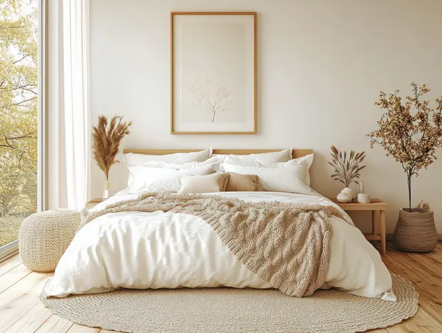 Horizontal framed poster mockup above a Scandinavian bed with white linens, beige throw, and warm natural light.