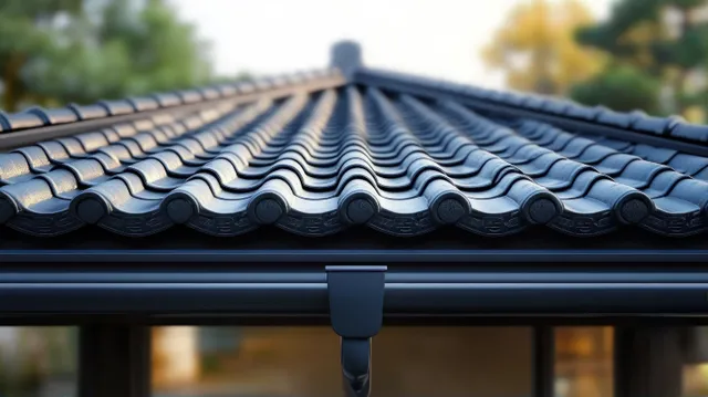 Curved black ceramic roof tiles with a gutter, photographed on a building with a blurred green outdoor background.