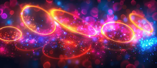 Neon rings in purple, yellow, and pink glow over a dark background with colorful bokeh light orbs.