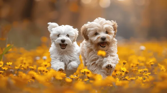 Two fluffy Maltese puppies running through a field of yellow daisies in spring sunlight.