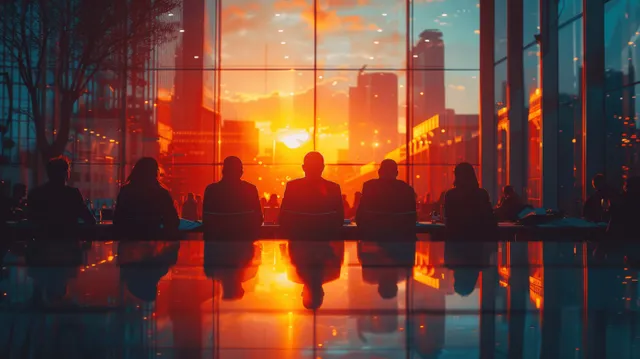 Silhouetted business team sits around a glass table in a boardroom with a city skyline and warm sun flare.