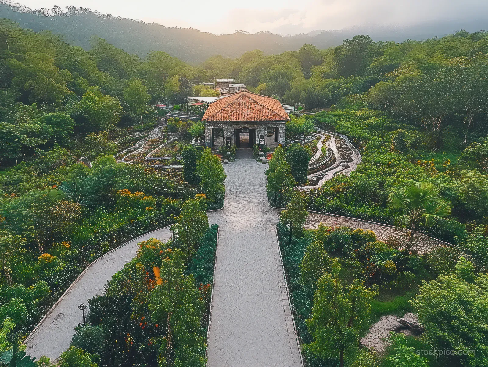 Aerial view of a concrete pathway and abandoned bunker courtyard surrounded by green hills with Merapi volcano haze in the distance.