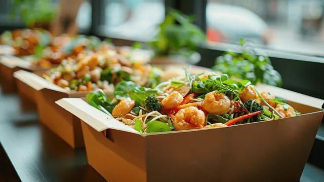 Brown eco-friendly paper takeout box of Asian noodles with herbs and vegetables on a restaurant counter.
