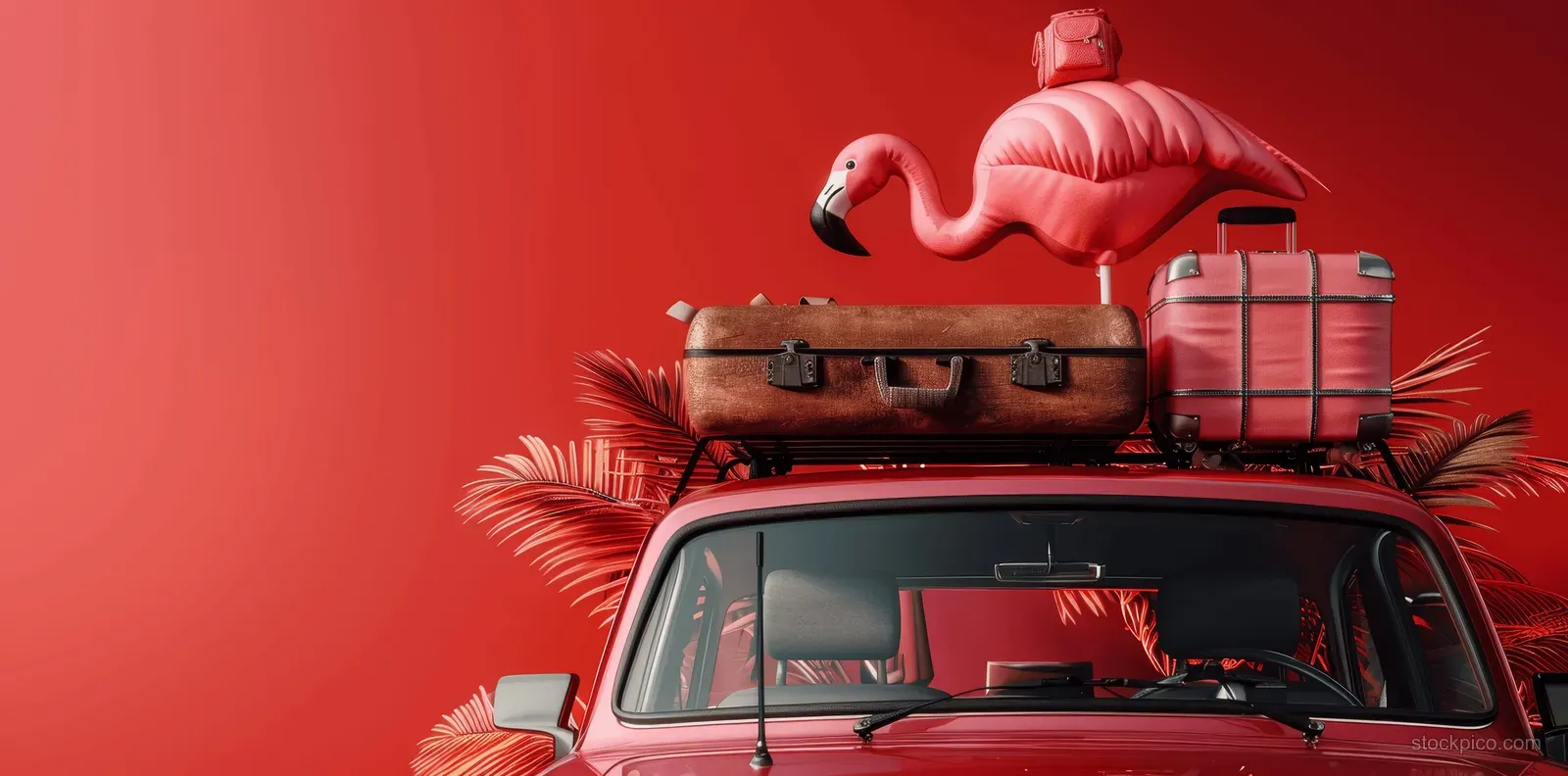 A red car with luggage on its roof rack and an inflatable flamingo on a red studio background.