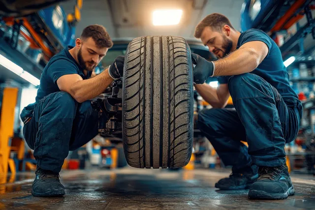 Two mechanics in gloves inspect a car tire and suspension components in a well-lit auto repair shop.