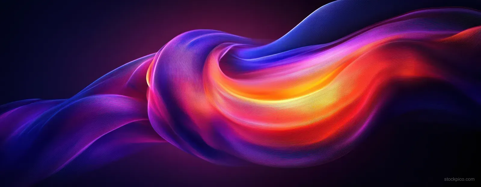 Glowing purple and orange ribbon-like abstract sculpture curls across a dark gradient background.