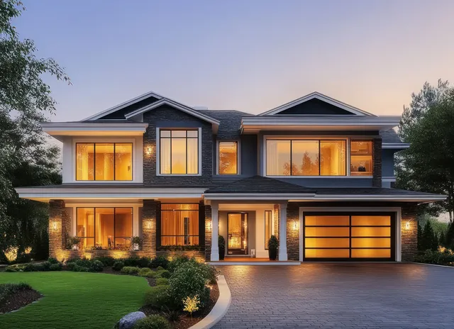 Modern two-story house exterior at twilight with glowing windows and driveway with Lighting At Dusk