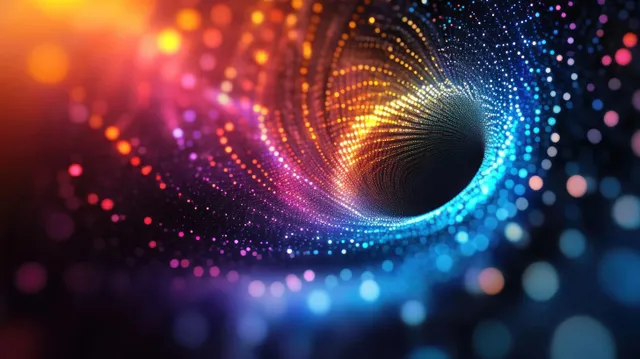 A glowing digital eye-shaped sphere with colorful data points and a curved network grid in a dark cyberspace background.