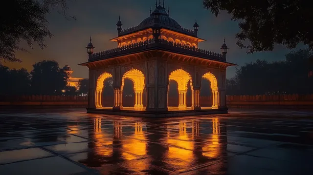 A golden-lit ornate pavilion with arched openings reflects on a wet courtyard floor under misty dusk light.