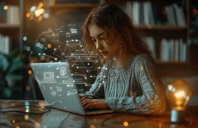Young woman typing on a laptop at home with glowing learning network graphics above the screen.