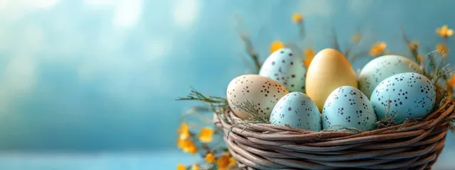 A basket holds speckled blue and yellow eggs with small yellow flowers and twigs on a soft teal background.