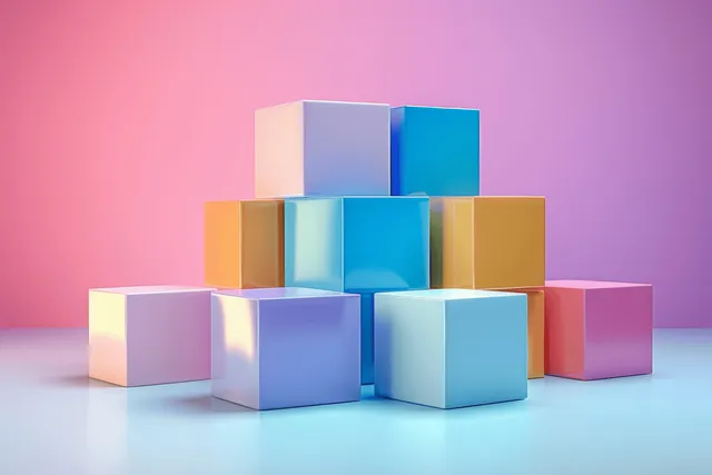 Pastel 3D cubes stacked in the center against a pink and purple gradient background with soft shadows.