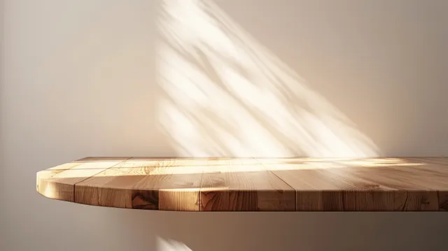 Empty wooden podium shelf with visible grain in bright sunlight and soft wall shadows.