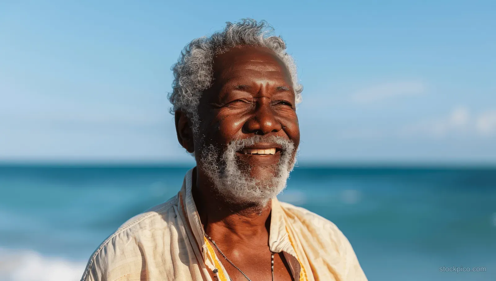 Elderly man with grey hair smiles on a sunny beach with the ocean and clear blue sky behind him.