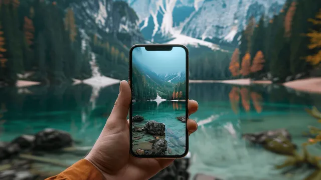Hand holding smartphone capturing lake and forest landscape with misty mountain backdrop