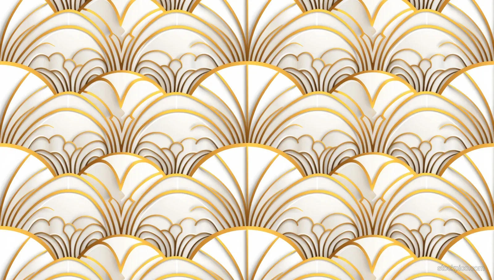 Seamless golden Art Deco arches and fan line motifs repeat across a white background pattern tile.