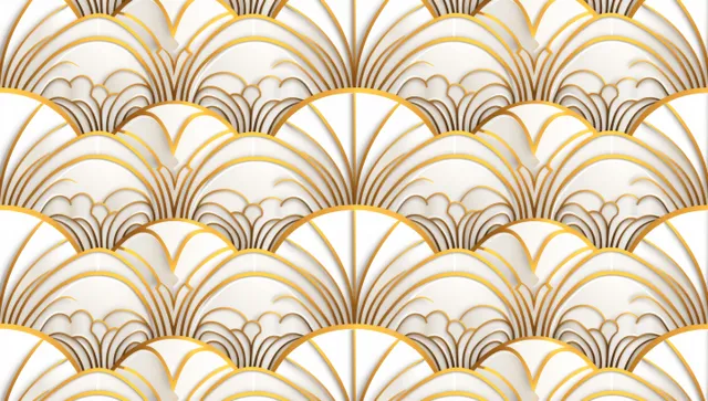 Seamless gold Art Deco arch and fan line pattern on white background tile