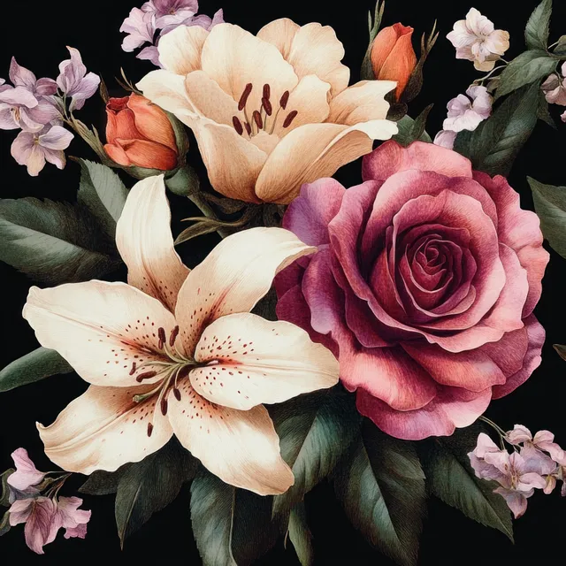 Vintage botanical floral illustration bouquet of roses and lilies with pastel blooms on black backdrop