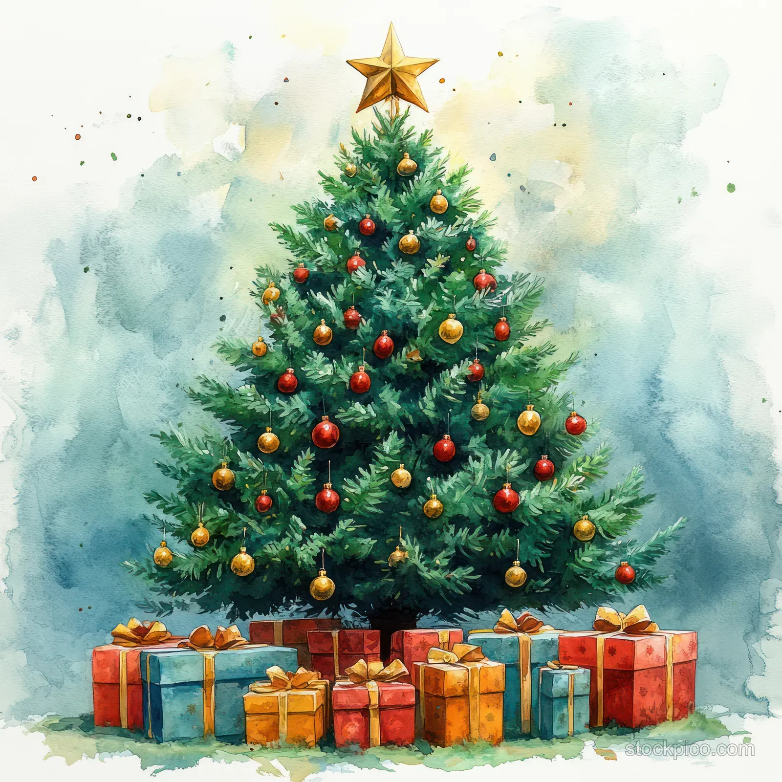Watercolor Christmas tree with golden star, colorful ornaments, and wrapped gifts beneath.