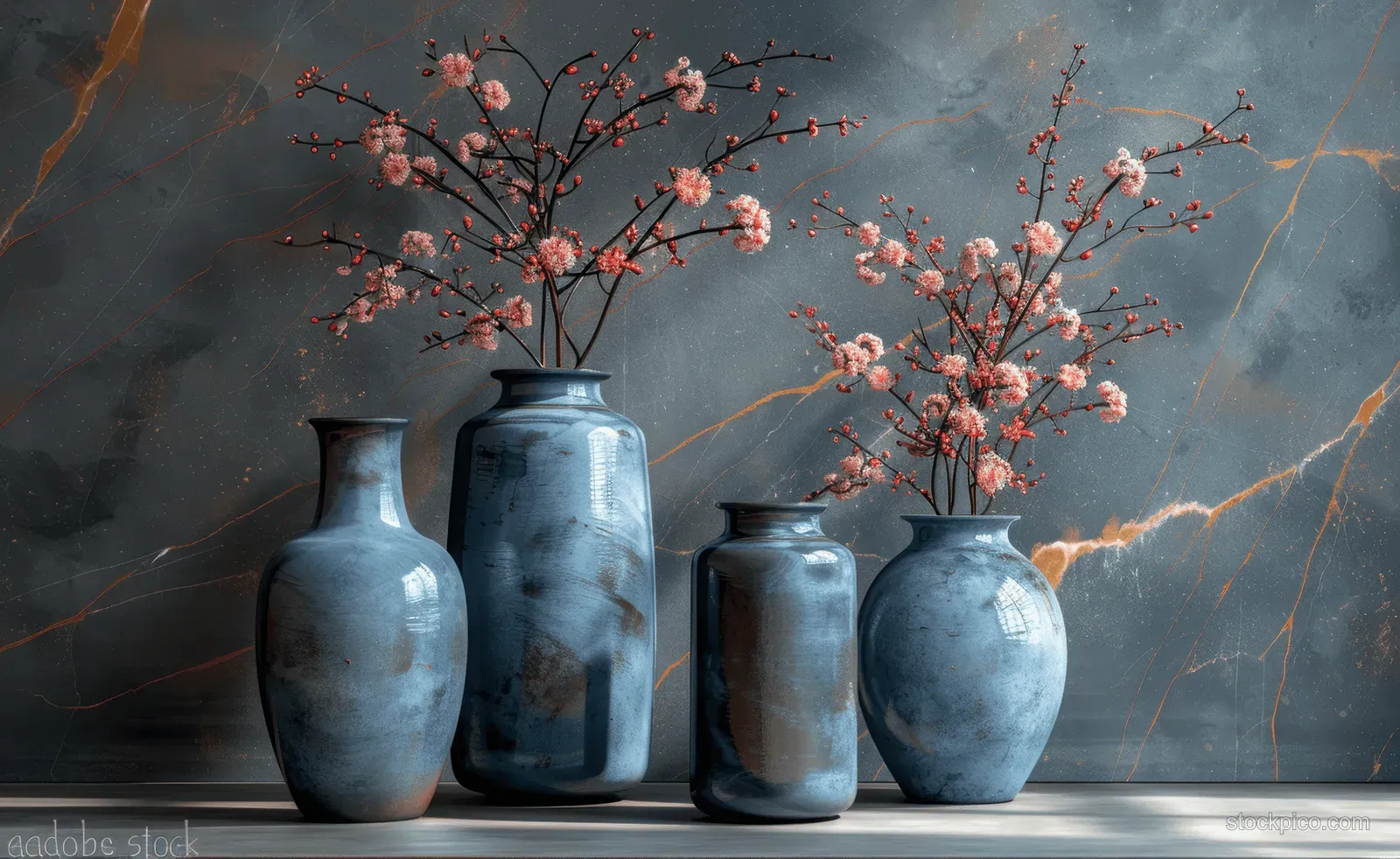 Four blue ceramic vases with pink cherry blossom branches on a textured dark background.