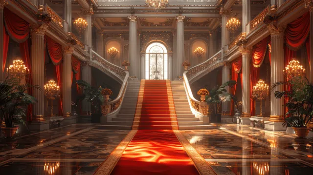Red carpet gala entrance with golden staircase and candlelit theater hall at night