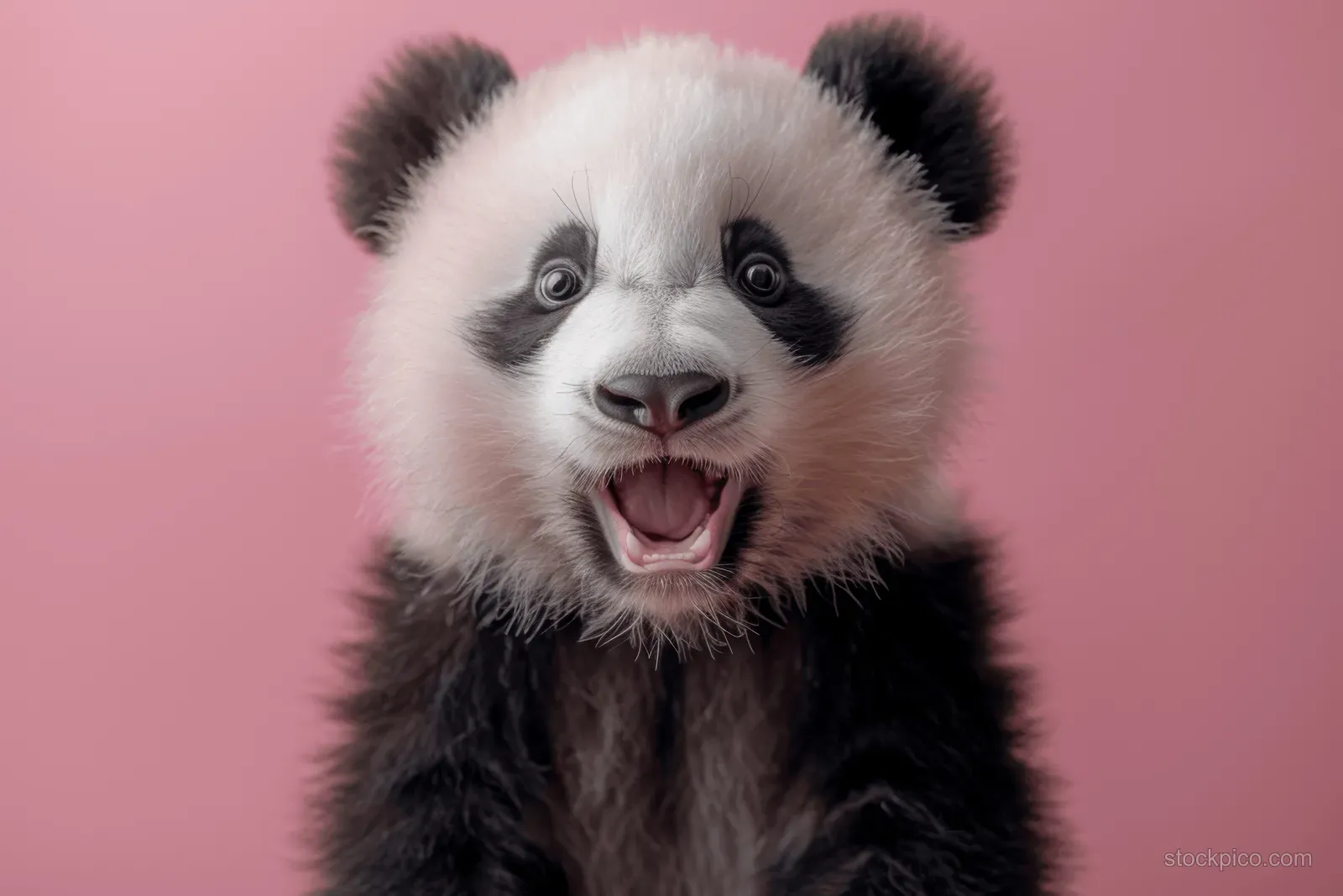 A surprised panda with wide eyes and an open mouth sits in a close-up portrait on a pink background.