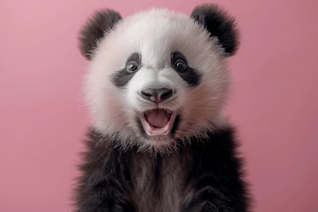 A surprised panda with wide eyes and an open mouth sits in a close-up portrait on a pink background.