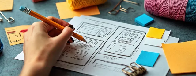 A hand sketches website wireframes on paper while sticky notes, clips, and colorful yarn sit on the desk.
