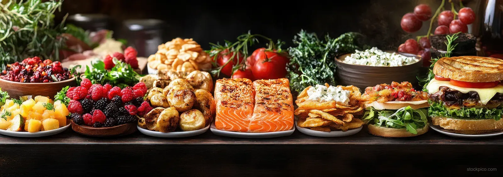 Assorted grilled salmon, mini burgers, crispy chips with creamy topping, and fresh berries arranged on a rustic wooden table.