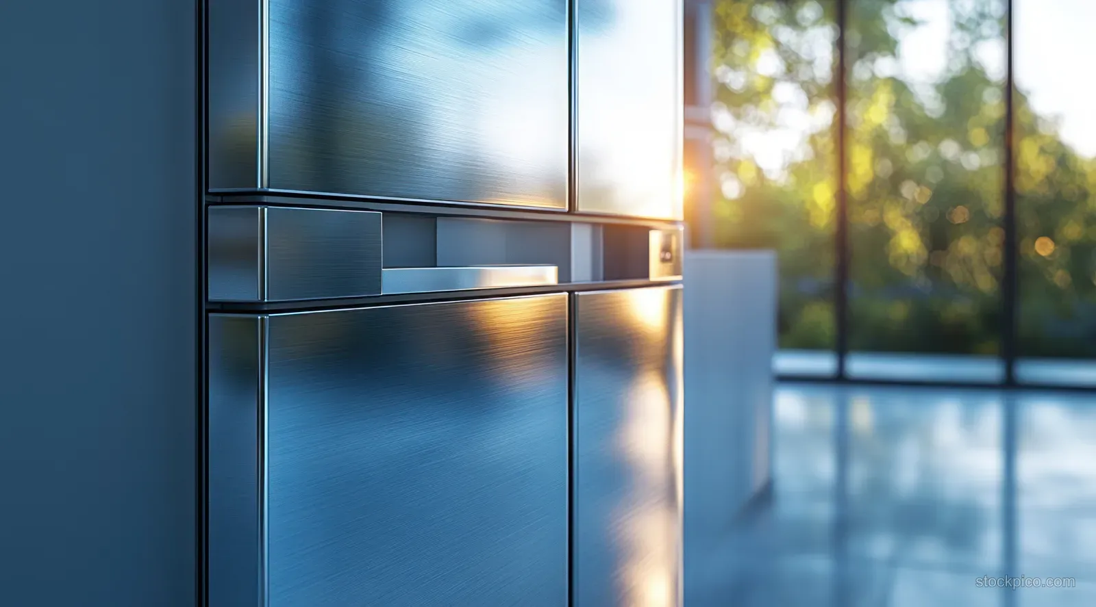 A stainless steel refrigerator stands beside a sunlit kitchen window with reflective panels.