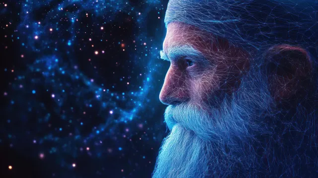 Low-poly elderly man portrait centered over a blue purple cosmic geometric background with a subtle glow aura.
