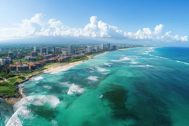 Aerial coastal city view with turquoise surf breaking on sandy shoreline under bright blue sky