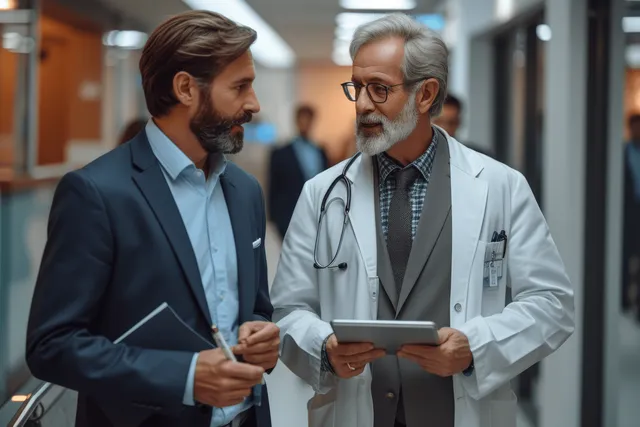 A doctor and a businessman talk while holding a tablet in a hospital hallway.