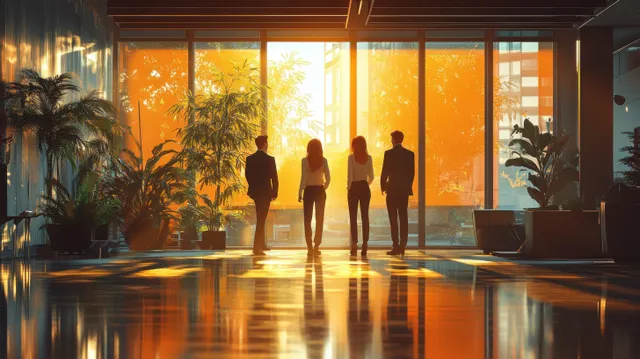 Silhouetted business team walks through an office atrium with tall windows and warm sunlight reflections.