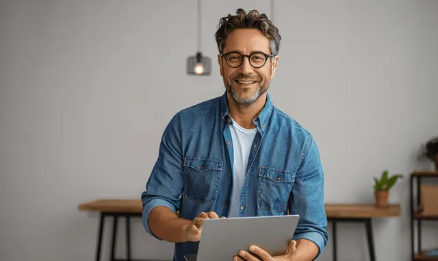 Confident man in blue shirt with glasses working on laptop, smiling in a studio