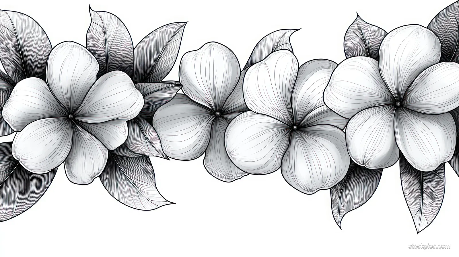 Detailed black and white line drawing of tropical flowers and layered leaves arranged horizontally with fine linework and shading.