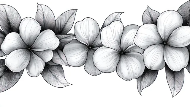 Detailed black and white line drawing of tropical flowers and layered leaves arranged horizontally with fine linework and shading.