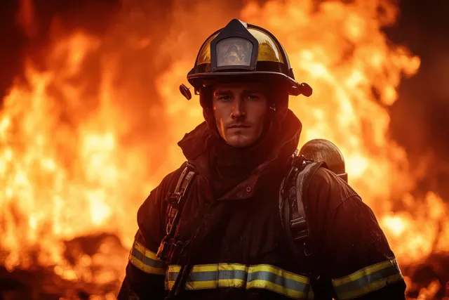 Firefighter Standing in Front of Massive Flames at Night