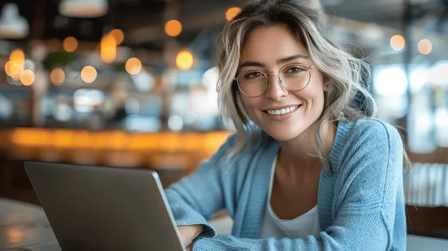 Smiling woman sits at a cafe table using a laptop while looking at the camera, with warm lights blurred behind.