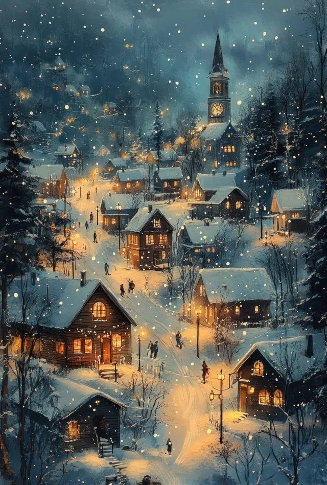 Snowy rooftops and a glowing clock tower rise above a winter village street with warm lights at night.