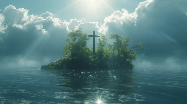 Cross on island at sea, sunrise beams through clouds over a small forest