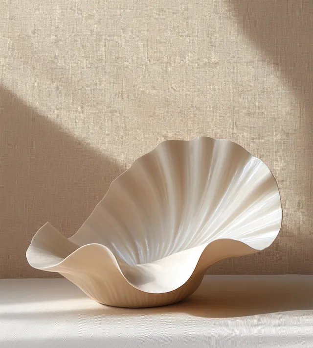 A minimalist seashell sculpture sits on a beige pedestal with soft shadows against a warm background.