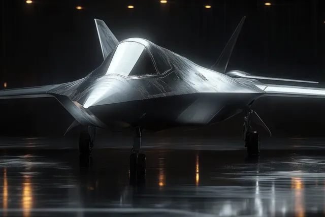 Angular futuristic stealth aircraft sits inside a dim hangar, with glossy reflections on the polished floor.