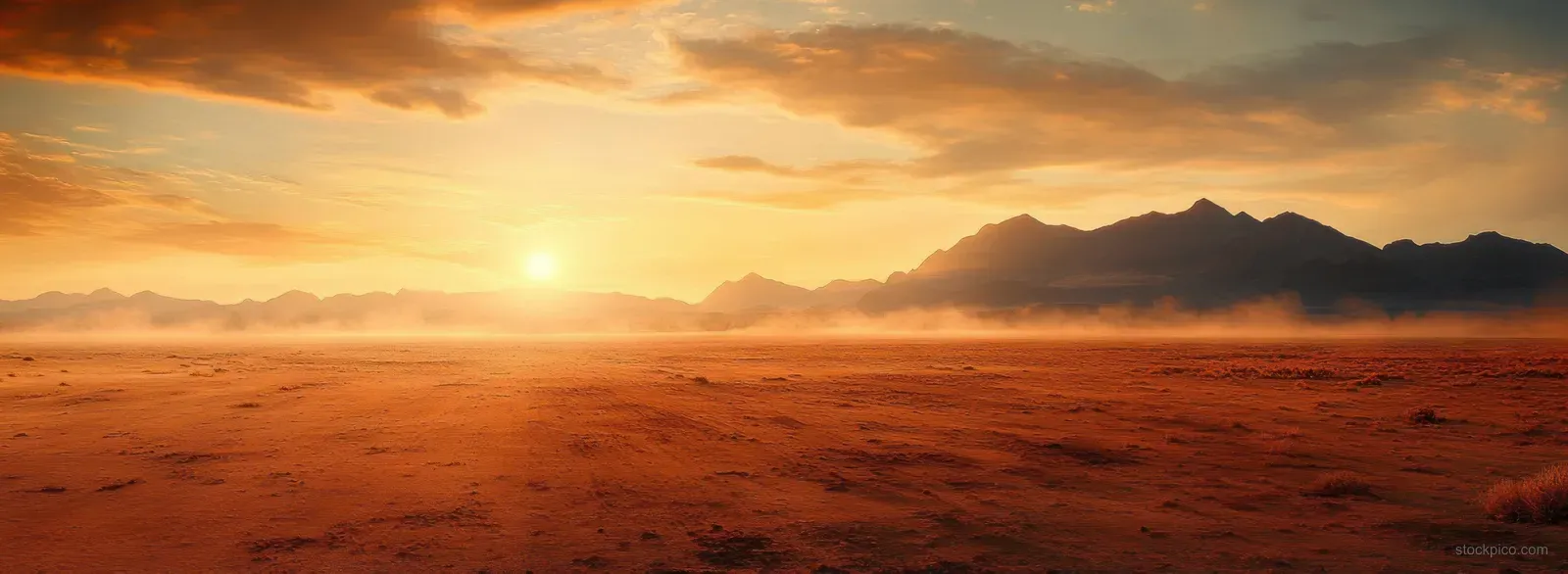 Sunrise over a vast desert with orange sky glow, distant mountain silhouettes, and thin mist above sandy ground.