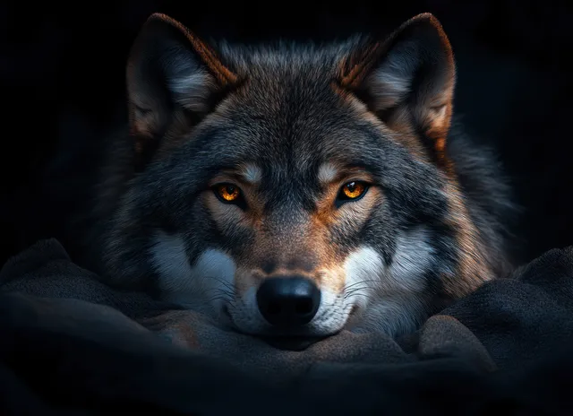 A wolf with golden eyes lies in dark shadows, fur and muzzle details highlighted by dramatic lighting.